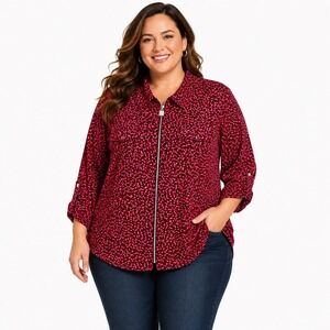 Michael Kors Heart Print Zip Front‎ Blouse 3X Red Pink Roll Tab Sleeve Top
